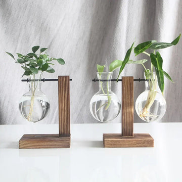 Glass Bulb Vase with Wooden Stand